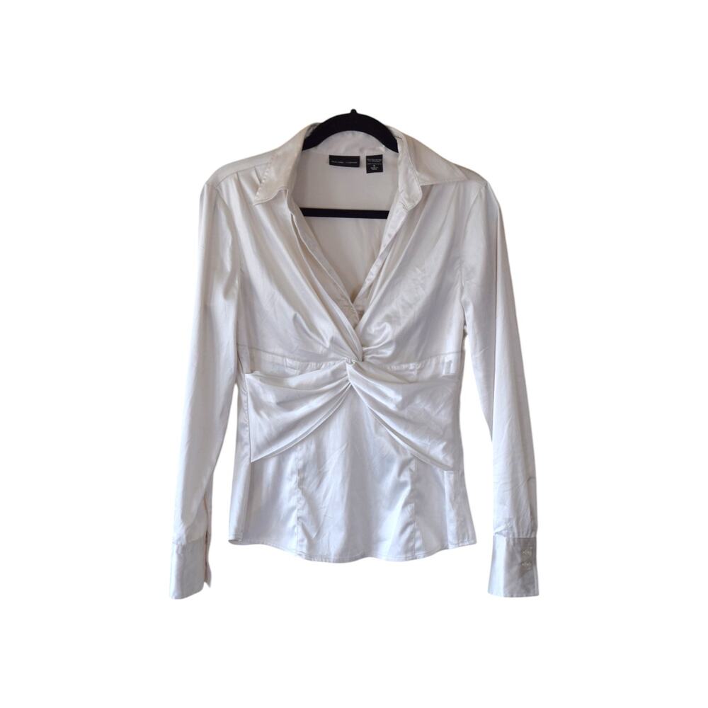 NY&Co White Satin Twist Front Blouse Top Size 6 Y2K Officewear